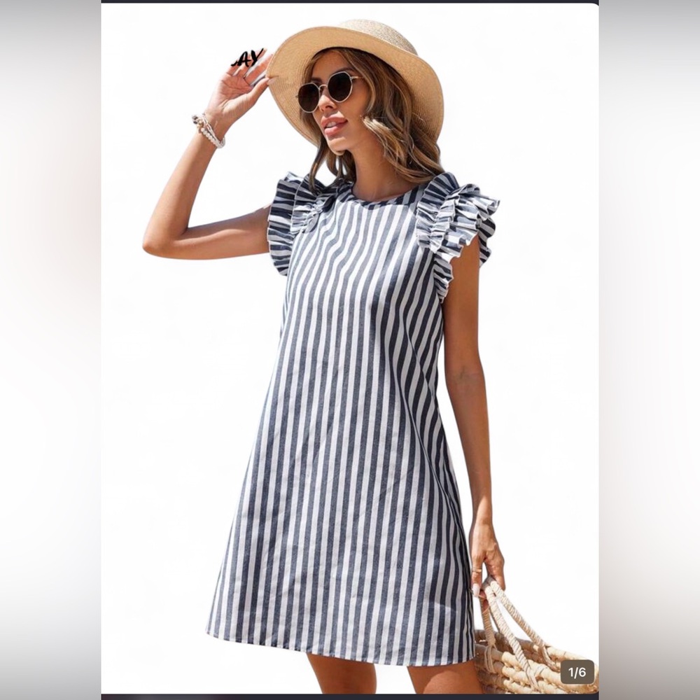 SHEIN Navy & White Vertical Stripe Ruffle Sleeve Mini Dress